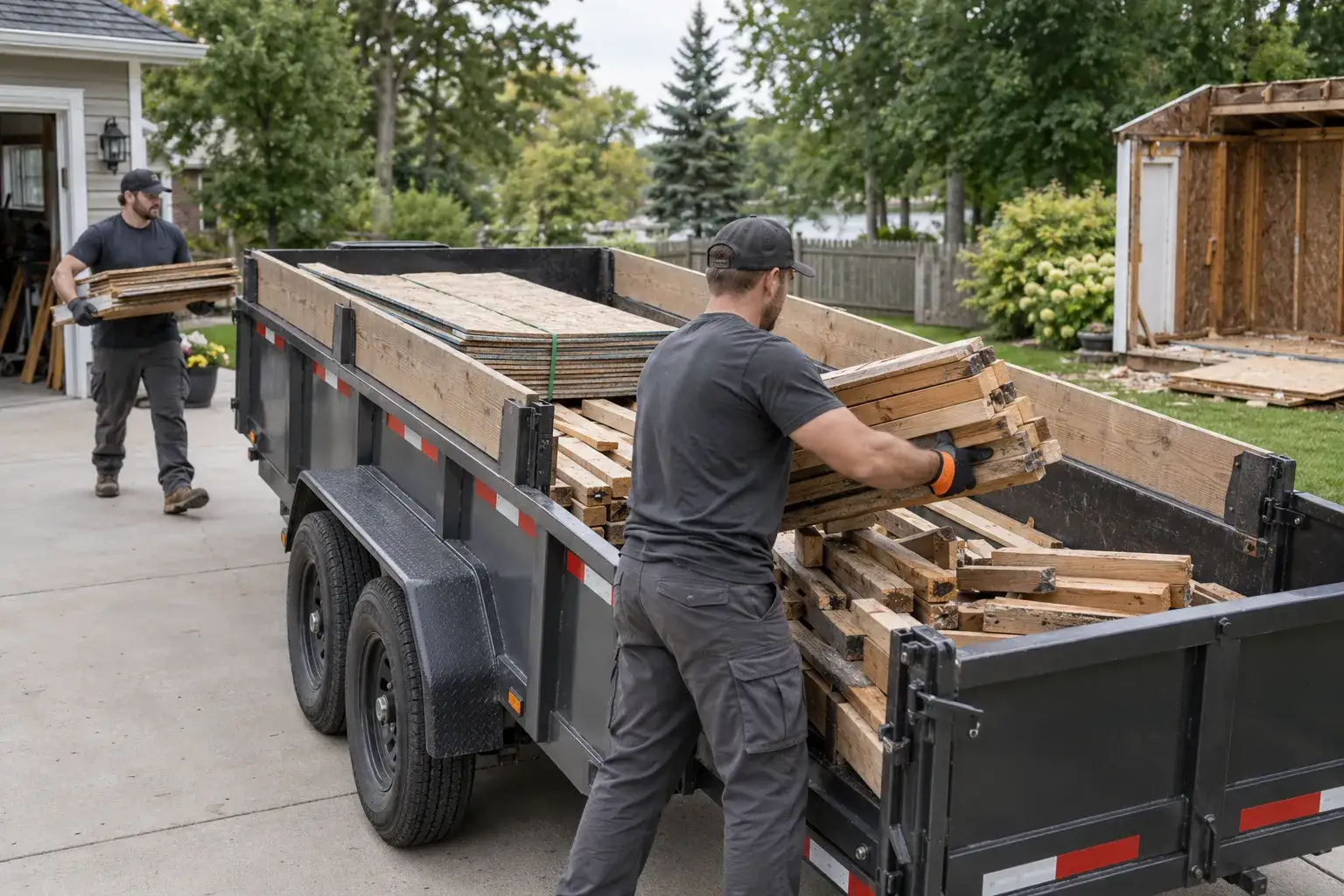 Workers loading dismantled shed materials into a dump trailer