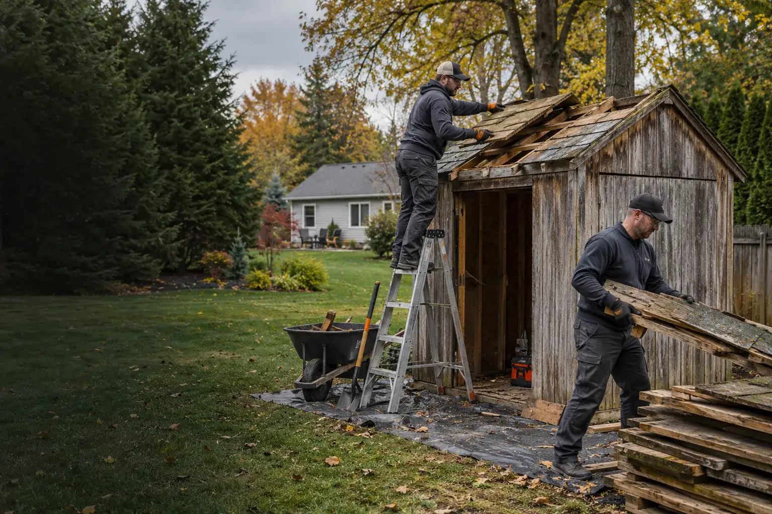 Crew carefully dismantling a weathered wooden shed in a residential backyard