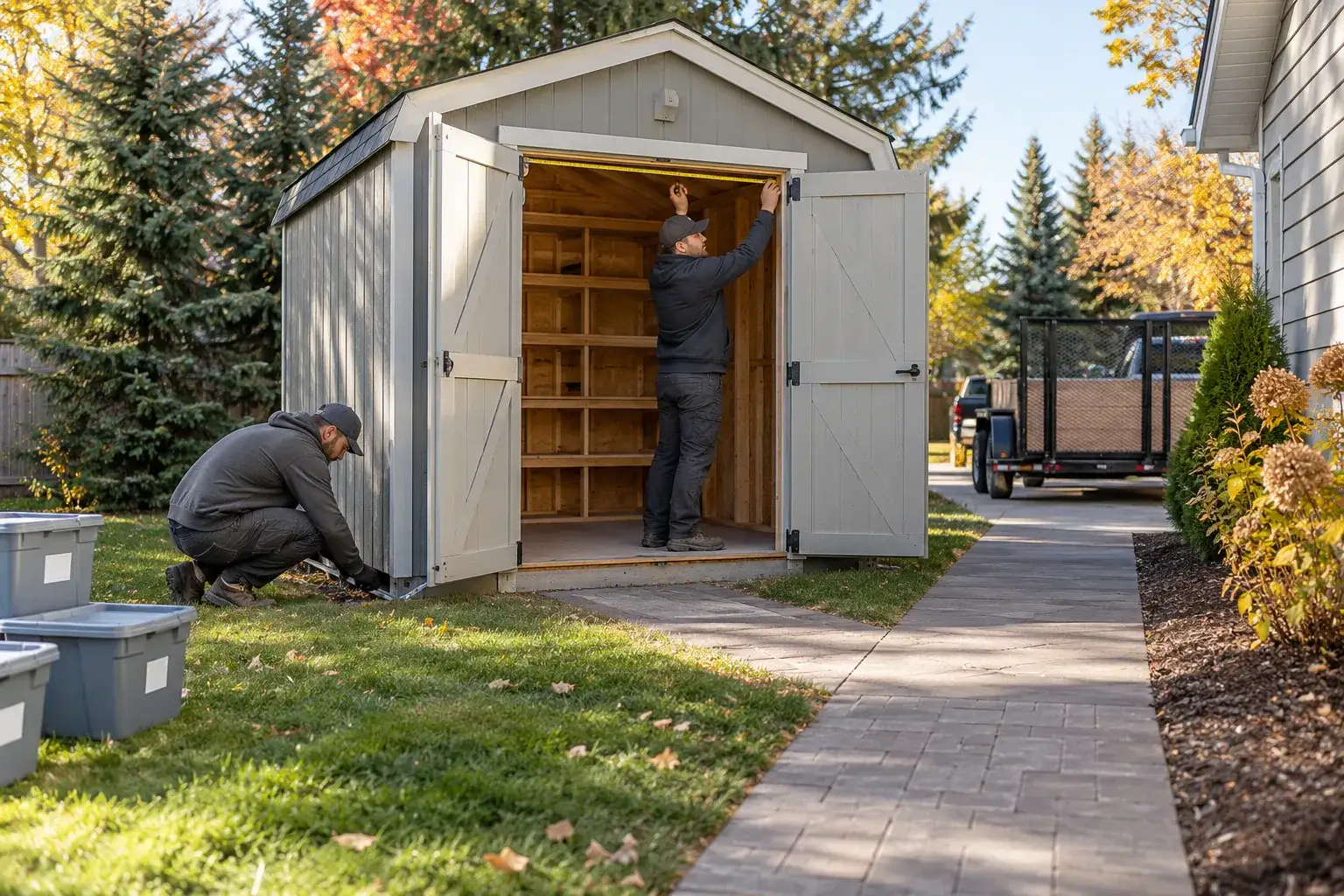 Workers measuring an empty storage shed and checking its base